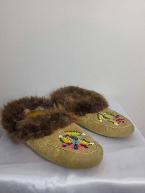 Real Fur-Trim Beaded Moccassin Tan Slippers